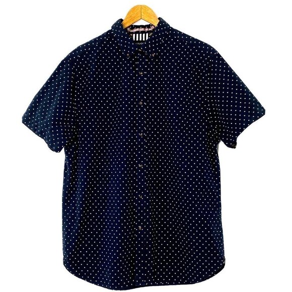 Denim & Flower Ricky Singh Mens size Large Button Front S/S Shirt Navy Polka Dot - Picture 1 of 10